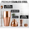 image:imageLarge 24 oz Stainless Steel Cocktail Shaker Set  Mixed Drink Shaker  Martini Shaker Set with Built in Strainer Double Sided Jigger amp Combo Muddler Mixing Spoon  Pro Margarita Shaker  By ZulayRose Gold