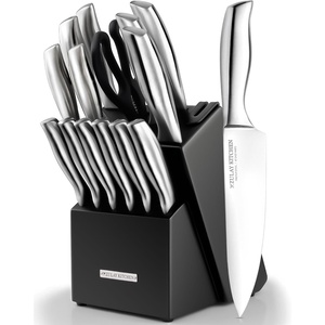 image:imageZulay 15 Piece Stainless Steel Knife Set with Block and Sharpener  Sharp Knife Block Set with Built In Sharpener  Kitchen Knife Set With Block  Rust Proof Knife Set Stainless SteelNight Black  Stainless Steel