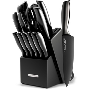 image:imageZulay 15 Piece Stainless Steel Knife Set with Block and Sharpener  Sharp Knife Block Set with Built In Sharpener  Kitchen Knife Set With Block  Rust Proof Knife Set Stainless SteelObsidian Black  Stainless Steel