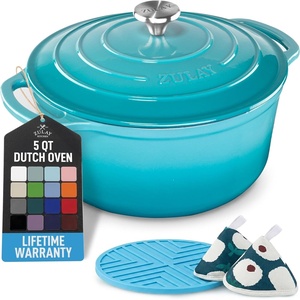 image:imageZulay Kitchen 64QT Enameled Cast Iron Dutch Oven Pot with Lid Heat Pad amp Trivet HeavyDuty Soup Pot for Stews Braising Roasting amp Sourdough Bread Baking Oven Safe up to 500F  Ablaze RedLight Blue