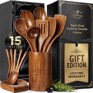 image:imageZulay Kitchen 9Piece Teak Wood Cooking Utensil Set  NonToxic amp NonStick Safe Wooden Spoons amp Kitchen Tools with Comfortable Grip Smooth Finish Natural Teak  Perfect Kitchen Gift Set15
