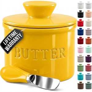 image:imageZulay Kitchen Ceramic Butter Dish with Lid For Countertop amp Stainless Steel Knife  Keeps Butter Soft amp Fresh  White Butter Dish with EasyGrip Knob Durable amp Everyday Butter Holder for Home  WhiteCrock  Yellow