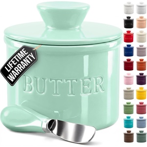 image:imageZulay Kitchen Ceramic Butter Dish with Lid For Countertop amp Stainless Steel Knife  Keeps Butter Soft amp Fresh  White Butter Dish with EasyGrip Knob Durable amp Everyday Butter Holder for Home  WhiteCrock  Mint