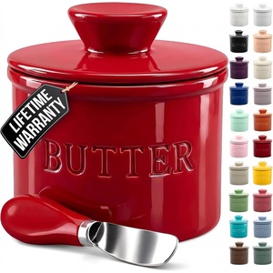 image:imageZulay Kitchen Ceramic Butter Dish with Lid For Countertop amp Stainless Steel Knife  Keeps Butter Soft amp Fresh  White Butter Dish with EasyGrip Knob Durable amp Everyday Butter Holder for Home  WhiteCrock  Red