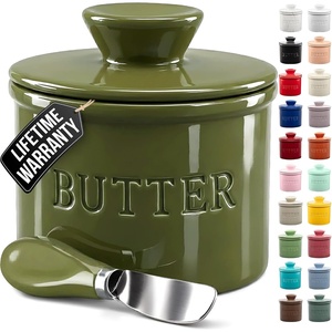 image:imageZulay Kitchen Ceramic Butter Dish with Lid For Countertop amp Stainless Steel Knife  Keeps Butter Soft amp Fresh  White Butter Dish with EasyGrip Knob Durable amp Everyday Butter Holder for Home  WhiteCrock  Cypress Green