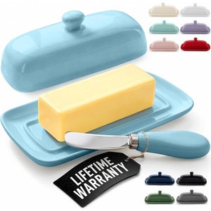 image:imageZulay Kitchen Ceramic Butter Dish with Lid For Countertop amp Stainless Steel Knife  Keeps Butter Soft amp Fresh  White Butter Dish with EasyGrip Knob Durable amp Everyday Butter Holder for Home  WhiteDish  Light Blue