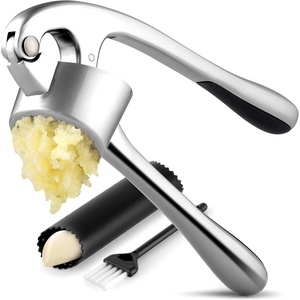 image:imageZulay Kitchen Premium Garlic Press Set  Rust Proof Professional Garlic Mincer Tool  EasySqueeze EasyClean with Soft Ergonomic Handle  Silicone Garlic Peeler amp Brush SilverStandard Chrome