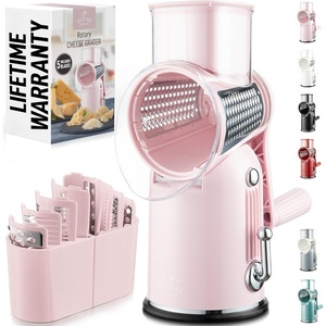 image:imageZulay Kitchen Rotary Cheese Grater 5 Blade Cheese Shredder  Manual Hand Crank Cheese Grater With Reinforced Suction amp 5 Interchangeable Drums  Easy to Use Vegetable Chopper Round Mandoline SlicerClassic  Pink