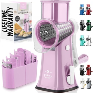 image:imageZulay Kitchen Rotary Cheese Grater 5 Blade Cheese Shredder  Manual Hand Crank Cheese Grater With Reinforced Suction amp 5 Interchangeable Drums  Easy to Use Vegetable Chopper Round Mandoline SlicerPink and White