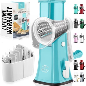 image:imageZulay Kitchen Rotary Cheese Grater 5 Blade Cheese Shredder  Manual Hand Crank Cheese Grater With Reinforced Suction amp 5 Interchangeable Drums  Easy to Use Vegetable Chopper Round Mandoline SlicerWhite and Light Blue