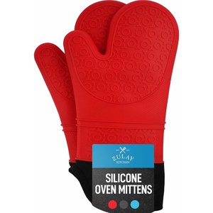 image:imageZulay Kitchen Silicone Oven Mitts  Textured Non Slip Grip Oven Mitts Heat Resistant  Extra Long Protective Oven Gloves are Perfect for Baking Grilling BBQ and Cooking  Set of 2 Light BlueRed