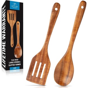 image:imageZulay Kitchen Teak Wood Utensil Set  2 Piece Large Wooden Cooking Spoon and Slotted Turner Handcrafted Natural Teak Wood Kitchen Utensils Durable Nonstick Safe amp Smooth Finish2Piece Spoon  Slotted Turner