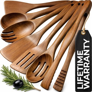 image:imageZulay Kitchen Teak Wood Utensil Set  7 Piece Wooden Cooking Utensils  Slotted Spoon Bowl Scraper Solid amp Slotted Turner Salad Spoon Fork amp Tongs  Durable Nonstick Safe amp Smooth Finish